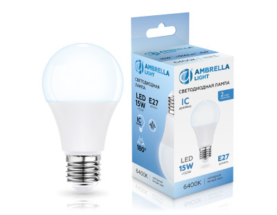 Светодиодная лампа груша A60 E27 15Вт 6400K 160°, AMBRELLA LIGHT, 601506