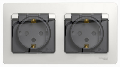 РОЗЕТКА двойная с заземлением, со шторками, в сборе, IP44, БЕЛЫЙ