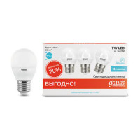 Лампа Gauss Elementary Шар 7W 470lm 4100K E27 (3 лампы в упаковке) LED 1/40, 53227T Лампа Gauss Elementary Шар 7W 470lm 4100K E27 (3 лампы в упаковке) LED 1/40, 53227T