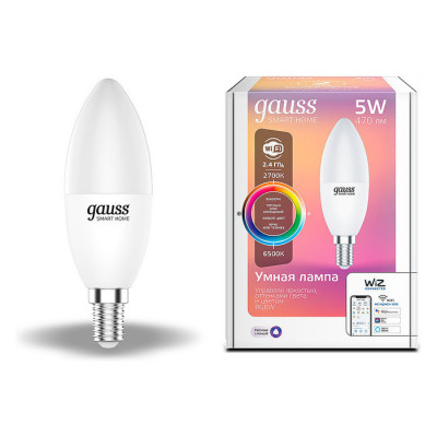 Лампа Gauss Smart Home С37 5W 470lm 2700-6500К Е14 RGBW+изм.цвет.темп.+диммирование LED 1/10/40, 1190112