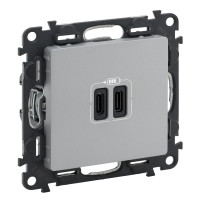 Legrand Valena LIFE.Зарядное устройство с двумя USB-разьемами тип С-тип С 240В/5В 3000мА.С лицевой панелью.Цвет Алюминий, 753307 Legrand Valena LIFE.Зарядное устройство с двумя USB-разьемами тип С-тип С 240В/5В 3000мА.С лицевой панелью.Цвет Алюминий, 753307