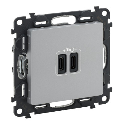 Legrand Valena LIFE.Зарядное устройство с двумя USB-разьемами тип С-тип С 240В/5В 3000мА.С лицевой панелью.Цвет Алюминий, 753307