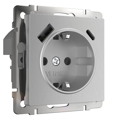 Werkel W1171709/ Розетка с заземлением, шторками и USB тип A+C (серебряный рифленый ), a056277