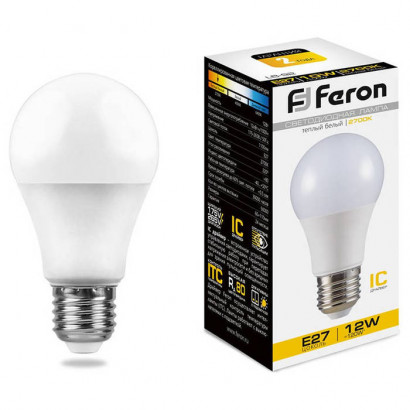 Лампа светодиодная, (12W) 230V E27 2700K A60, LB-93, Feron 25489