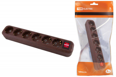 Колодка розеточная 6 гнезд 2П+3 с выключателем16А 250В "Эко" (бук) TDM Electric, SQ1806-0072