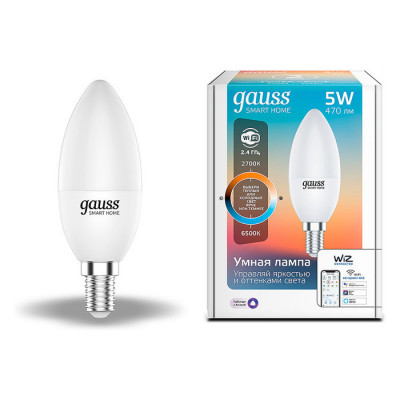 Лампа Gauss Smart Home С37 5W 470lm 2700-6500К Е14 изм.цвет.темп.+диммирование LED 1/10/40, 1110112