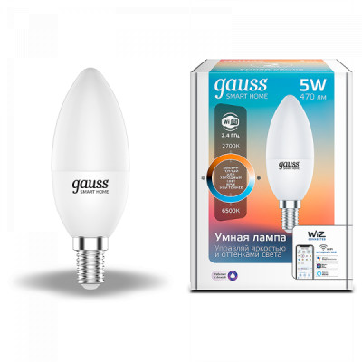 Gauss Лампа Smart Home С37 5W 470lm 2700-6500К Е14 изм.цвет.темп.+диммирование LED, 1110112