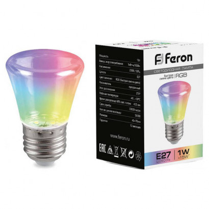 Лампа светодиодная,  (1W) 230V E27 RGB C45, LB-372 прозрачный плавная смена цвета, Feron 38134