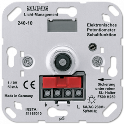 Роторный электронный потенциометр для регуляции люминесцентных ламп и/или электронных трансформаторов с 1 – 10 В управляющего напряжения, со встроенным выключателем; универсальные встраиваемые механизмы, 240-10