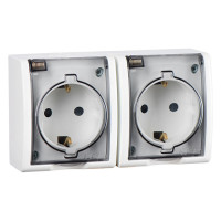 Simon Simon15 IP54  Розетка 2-ная 2х(2К+З) с крышками полупр., 16А 250В~, винт. зажим, белая, 1594433-030