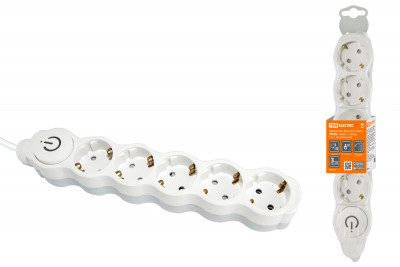 Удлинитель бытовой "Люкс" УЛ05В выкл, 5 гнезд, 3м, с/з, с з/ш, ПВС 3х1мм2 16А/250В бело-серый TDM Electric, SQ1303-0137