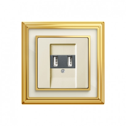 ABB USB зарядное устройство, цвет слоновая кость - Латунь полированная, белое стекло, серия Династия