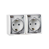 Simon Simon15 IP54  Розетка 2-ная 2х(2К+З) со шторками с крышкой полупр., 16А 250В~, винт. зажим, белая, 1594443-030