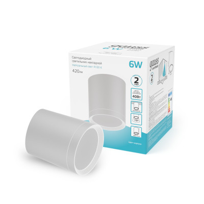 Светильник Gauss Overhead накл цил 6W 420lm 4100K 170-240V IP20 68*75мм белый с расс LED 1/30, HD022