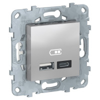 РОЗЕТКА USB, 2-местная, тип А+С, 5 В / 2400 мА, АЛЮМИНИЙ