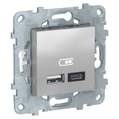 РОЗЕТКА USB, 2-местная, тип А+С, 5 В / 2400 мА, АЛЮМИНИЙ