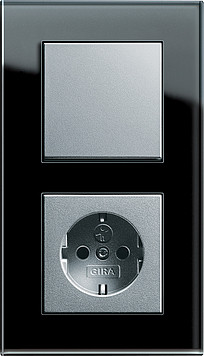Gira Блок: Выключатель 1-клавишный с розеткой 2к+з, матовый алюминий - черное стекло,серия Esprit