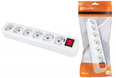 Колодка розеточная 6 гнезд 2П+З с выключателем16А 250В белая TDM Electric, SQ1806-0040
