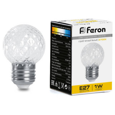 Лампа-строб, (1W) 230V E27 2700K G45 прозрачая, LB-377, Feron 38208