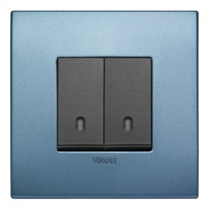 Выключатель 2-х клавишный, вставка антрацит, рамка - синий матовый, серия Arke