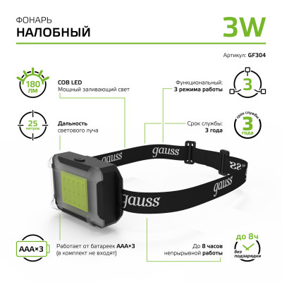 Фонарь налобный Gauss модель GFL304 3W 180lm 3xAAA LED 1/12/60, GF304