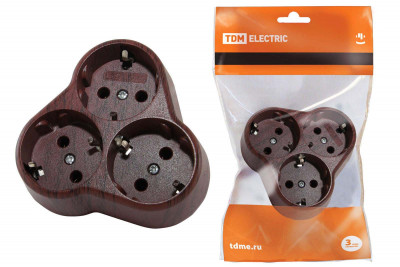 Блок на 3 гнезда 2П+З круглый 16А 250B "Эко" (бук) TDM Electric, SQ1806-0082