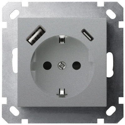 Розетка SCHUKO© с USB A+C с защитными шторками 16A 250V 2P+T USB 25W, цвет Алюминий, G5501USB-25S, Jasmart