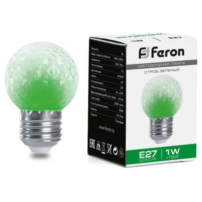 Лампа-строб, (1W) 230V E27 зеленый G45 , LB-377, Feron 38209