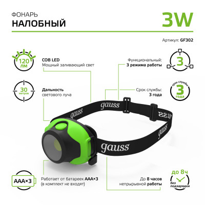 Фонарь налобный Gauss модель GFL302 3W 120lm 3xAAA LED 1/12/60, GF302