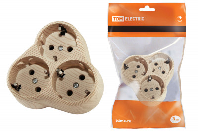 Блок на 3 гнезда 2П+З круглый 16А 250B "Эко" (сосна) TDM Electric, SQ1806-0077