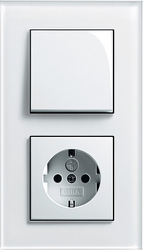Gira Блок: Выключатель 1-клавишный с розеткой 2к+з, глянцевый белый - белое стекло, серия Esprit